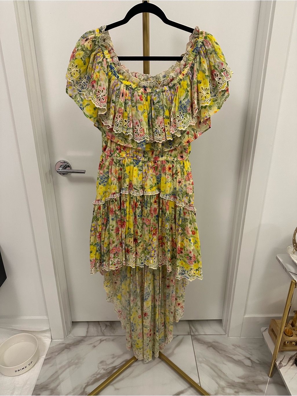 Loveshackfancy Weller High-Low Yellow Floral Eyelet Ruffled Dress Size S